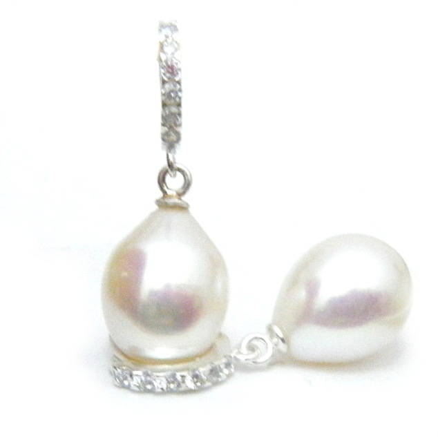 Silver Huggies Inlaid with CZs, White 11mm Drop Pearls
